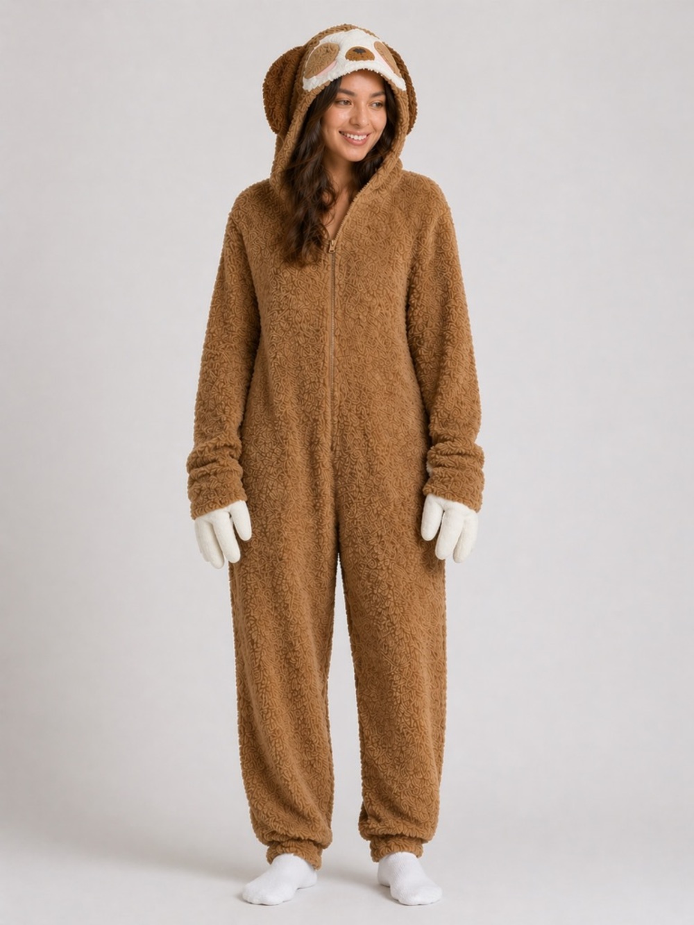 Womens Large (12-14) Sloth Pajamas One Piece Brown Full Zip Costume